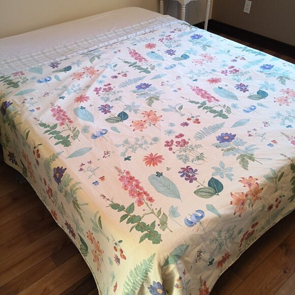 Waverly Second Spring Queen Duvet Cover Pale Yellow Floral Botanical Green Check - Picture 1 of 13